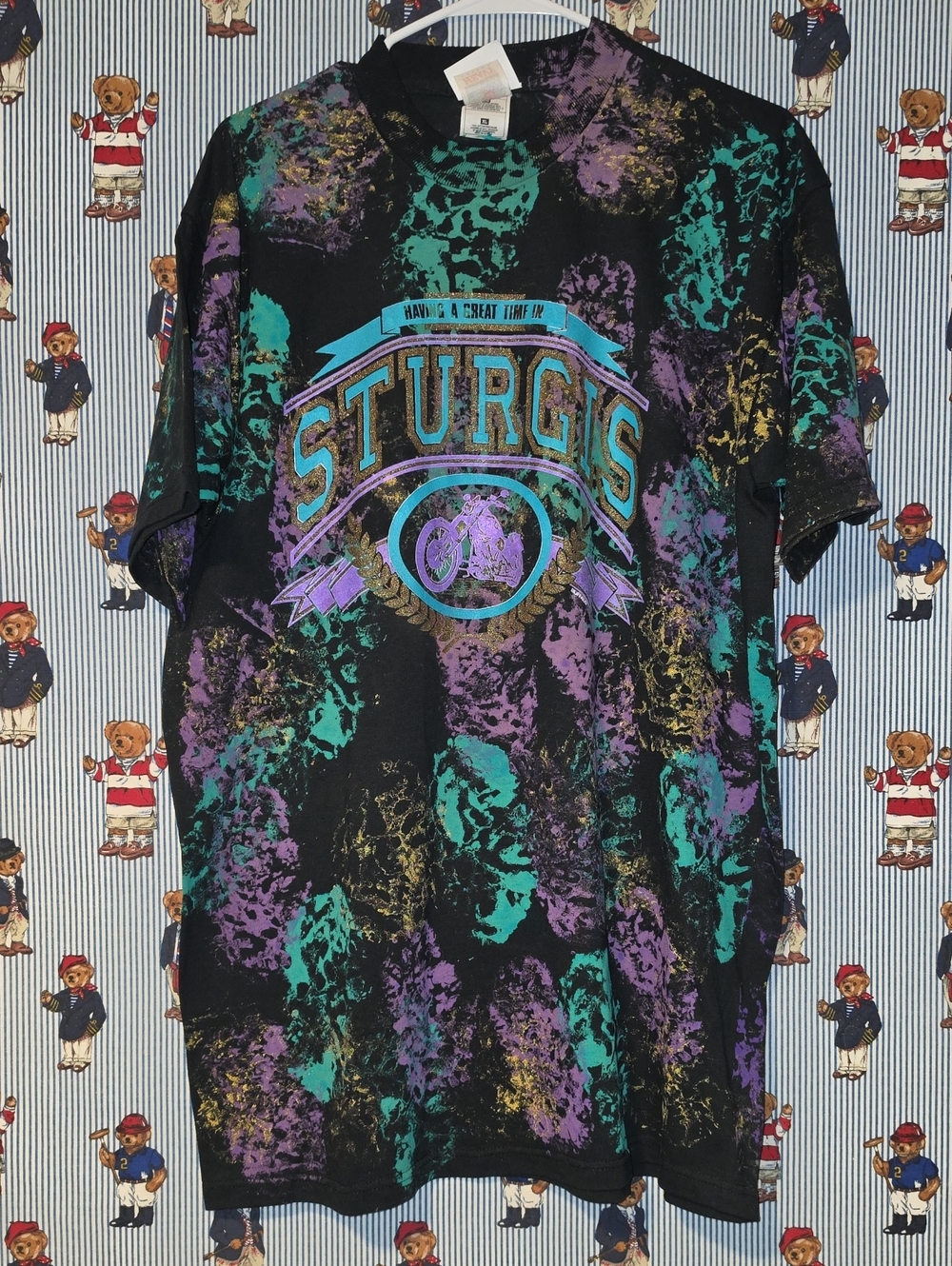 Vintage 1993 Sturgis Biker Rally T-shirt Teal Purple Metalic Splatter XL